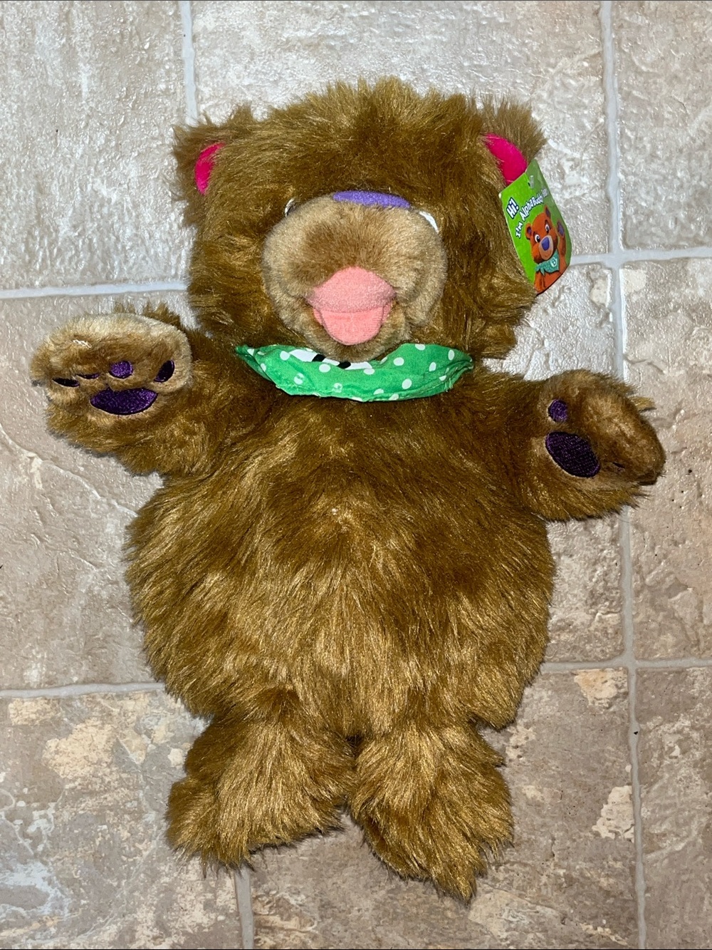 Pearson Brown Bear Puppet with Green Polka-Dot Scarf and Pink Accents